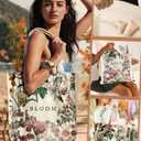 5 x Aesthetic Heavy Canvas Tote Bag with Pocket for Women, Cloth Gusseted Totes Bag with Pattern for Shopping (Bloom)