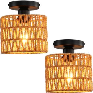 Ceiling Light Fixture,Hand-Woven Rattan Flush Mount Ceiling Light,Farmhouse Light Fixtures Ceiling Mount Boho for Hallway Bedroom Kitchen Entryway Living Room