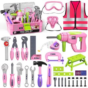 Deejoy Tool Set with Tool Box & Electronic Toy Drill, Pretend Play Kids Construction Kits for Kids Ages 3-5 Years Old, Toddler Tool Set(Pink)