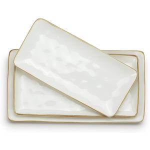 famiware Serving Platter, Rectangular 15.67/14.1/12.6inch Serving Dishes for Entertaining, Microwave Dishwasher Safe, Stoneware Serving Trays for Party, Turkey, Cheese, Ocean Series, Vanilla White