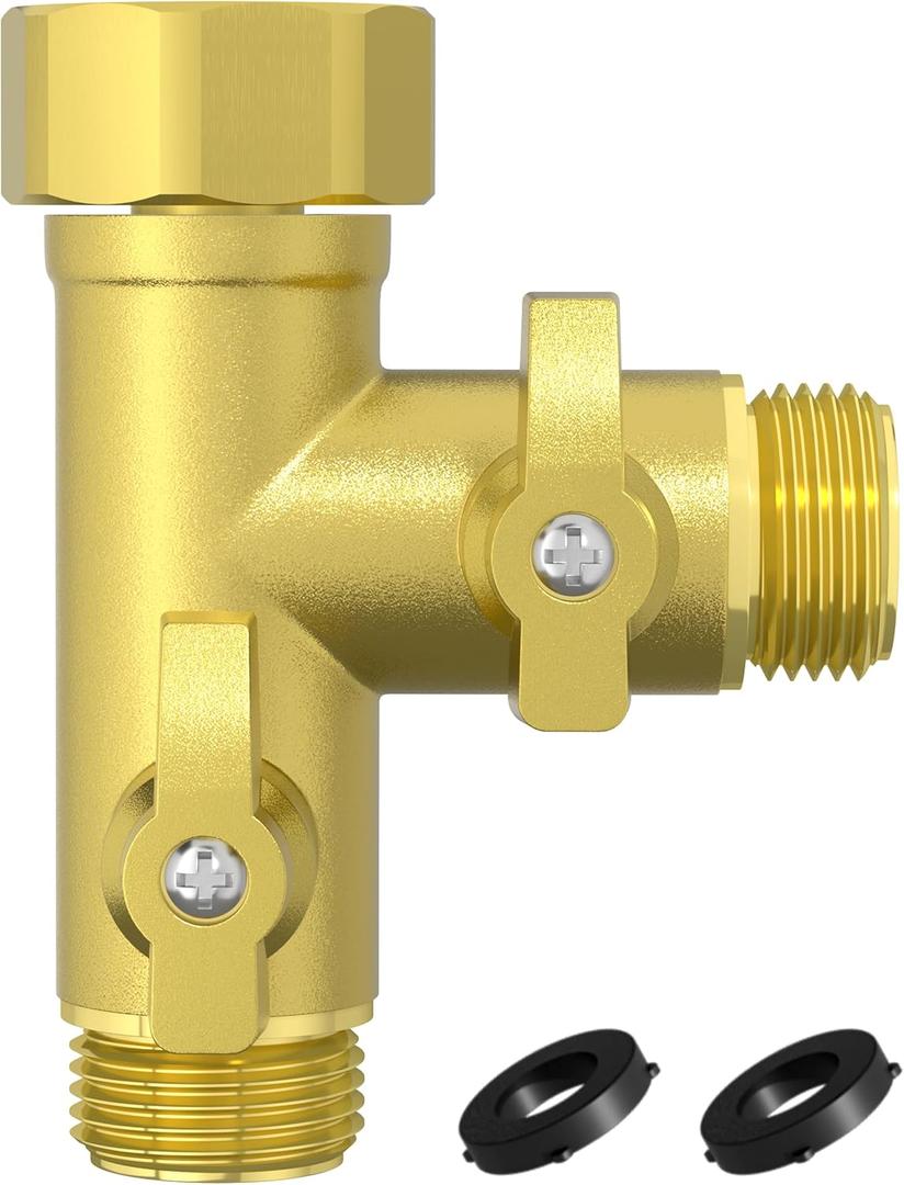 High Flow Solid Metal 2 Way  Type Garden Hose Splitter with Shut-Off Valves, 360 Degree Rotation 3/4" Spigot Faucet Connectors with 2 Extra Silicone Washers