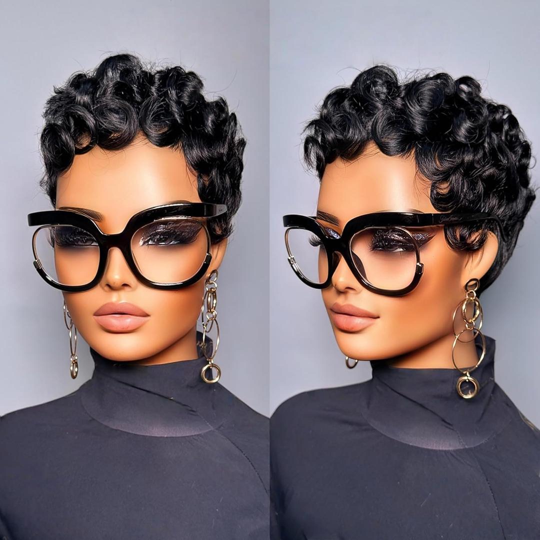 Pink Planet Pixie Cut Wigs Human Hair for Black Women Short Pixie Cut Wigs Lightweight Glueless Natural Black Layered 100% Real Human Hair Wig (025-1B)