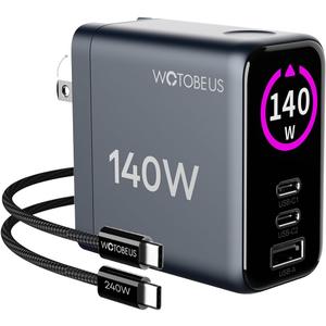 WOTOBEUS GaN Dual 140W USB C PD 3.1 Wall Charger with LED Display - PPS 100W 65W 45W 25W Type-C Laptop Power Adapter and Cable - Fit for MacBook Pro iPhone 17 16 15 iPad Galaxy S25 S24 Pixel - ETL
