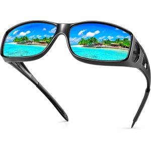 URUMQI Polarized Sunglasses Fit Over Glasses for Men Women, Wraparound Sunglasses UV400 Protection for Driving Fishing (A15 Glossy Black Frame/Blue Mirrored Lens)