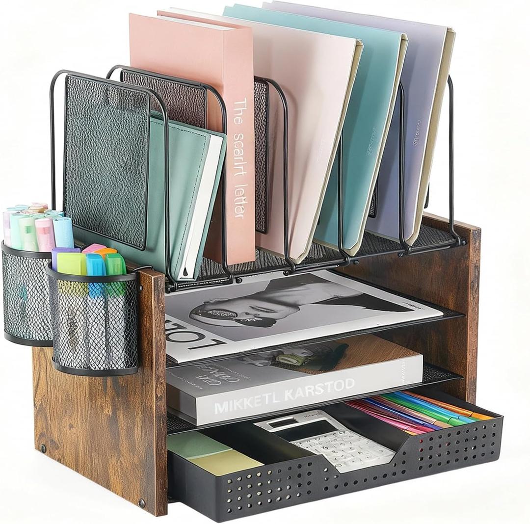 AUPSEN Desk Organizer Shelf, 4-Tier Mesh Wood Desktop Bookshelf File Organizer with 5 Vertical File Holders, Storage Drawer & 2 Pen Holders, Office Supplies Storage for Workspace Organizers