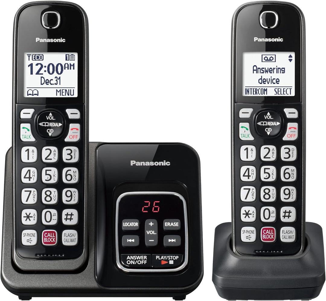 Panasonic Cordless Phone with Answering Machine, Advanced Call Block, Bilingual Caller ID and High-Contrast Display, Expandable System with 2 Handset Cordless Telephones - KX-TGD832M (Metallic Black)