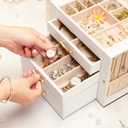 Enthralite Jewelry Box with 3 Drawers : Jewelry Display Organizer for Earrings Necklaces - Gift for Girls Women | White
