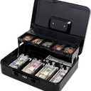 Jssmst Cash Box with Sliding Coin Lid and Snap Latch Combination Lock - Portable Cash Box with Money Tray and Lock, Secure Locking Money Box for Cash Organizer, 11.8L x 9.5W x 3.5H Inches, Black