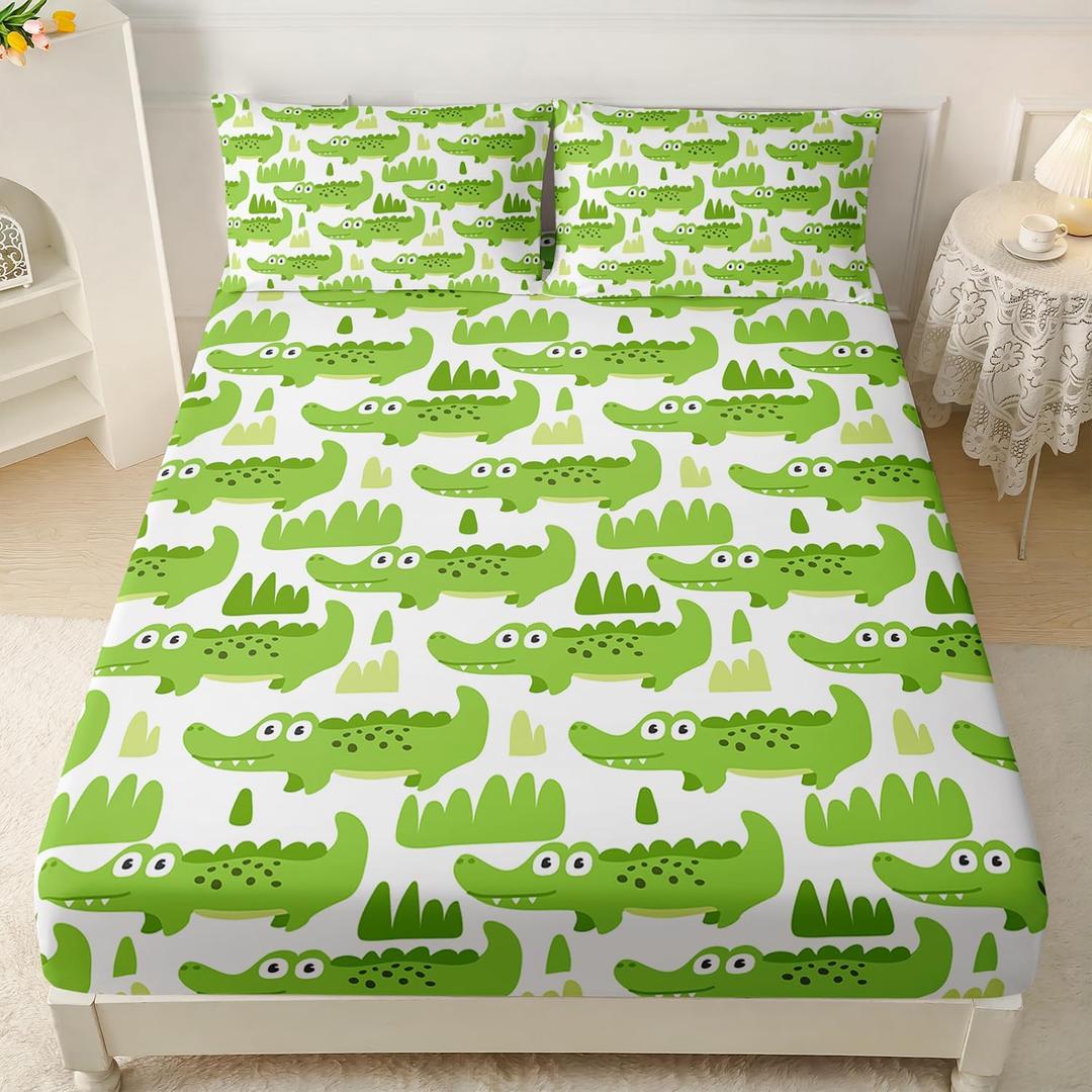 AILONEN Cute Crocodile Fitted Sheet Set Queen Size, Cartoon Wild Animals Bedding Set for Room Decor,Green Swamp Alligator Bedsheets Set for Kids,Boys,1 Fitted Sheet 2 Pillowcases, 3-Piece