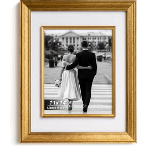 Yaetm 11x14 Gold Picture Frame with Decorative Inner Frame & Tempered Glass, Display 8x10 Photos with Mat on Wall - Portrait or Landscape - Ideal for Office & Home Dcor (Vintage Gold, Single)