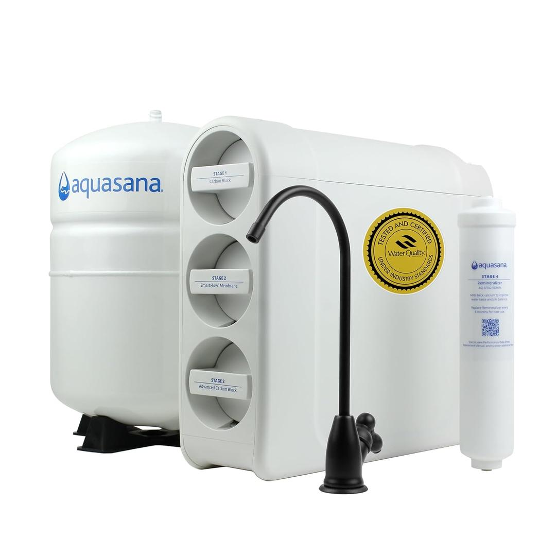 Aquasana SmartFlow Reverse Osmosis Water Filter | RO Under Sink System | WQA Certified up to 99.99% of 90 contaminants Including Fluoride, PFAS, Arsenic, Lead, and Chlorine | Matte Black Faucet