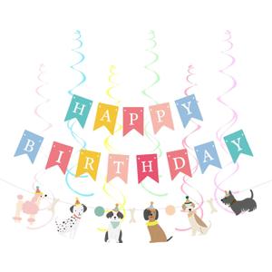 Dog Themed Happy Birthday Banner Baby Shower Party Supplies (Hanging Swirl Banner)