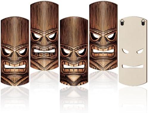 Soulchen 4 Pcs 11.8 Inch Wooden Tiki Masks Tiki Totem Hanging Decorations Island Tropical Polynesian Party Wood Wall Decor for Hawaiian Luau Bar