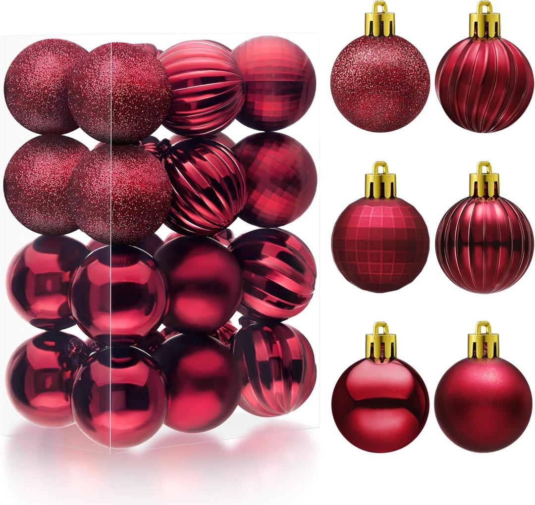 JOIEDOMI 24 Pcs Burgundy Red Christmas Balls Ornaments Set, 2.36" Christmas Tree Ornaments Shatterproof, Xmas Balls Hanging Decorations for Tree Wreath Garland Holiday Wedding Indoor Party Decor
