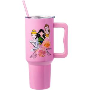 Silver Buffalo Disney Princess Featuring Cinderella, Mulan, Belle, Ariel, Tiana, and Jasmine Stainless Steel Tumbler with Handle and Straw, Fits in Standard Cup Holder, 40 Ounces