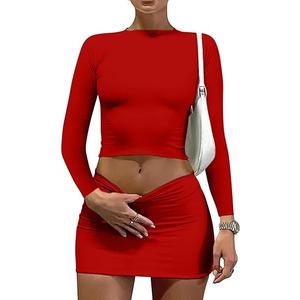 KIFOVEN Women's 2 Pcs Outfits Crew Neck Long Sleeve Crop Top and Bodycon Mini Skirt Set,   Size S