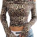 Floerns Women's Leopard Print Asymmetrical Neck Crop Tops Ruched Long Sleeve Tee Shirts (L)