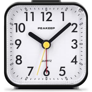 Peakeep Small Battery Operated Analog Travel Alarm Clock Silent No Ticking, Lighted on Demand and Snooze, Beep Sounds, Gentle Wake, Ascending Alarm, Easy Set (Black)