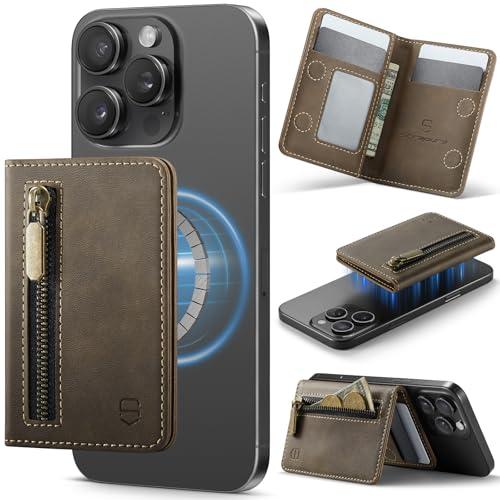 Strapurs Magnetic Card Holder Compatible with MagSafe Phones and Cases, PU Leather Phone Wallet for iPhone 17/16/15/14/13/12/Pro/Max/Plus/Air, 4 Card Slots RFID Blocking with Zipper Pocket - Brown
