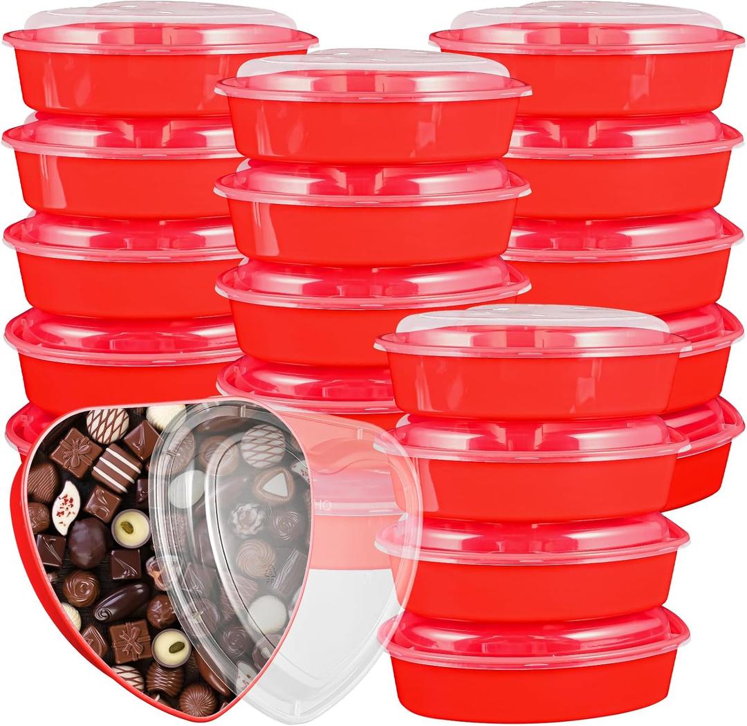 Yoiemivy 20 Pcs Valentines Heart Containers 27 oz Plastic Heart Shaped Box with Lid Red Food Storage Containers Valentines Heart Boxes for Dessert Candy Fruit (Red)