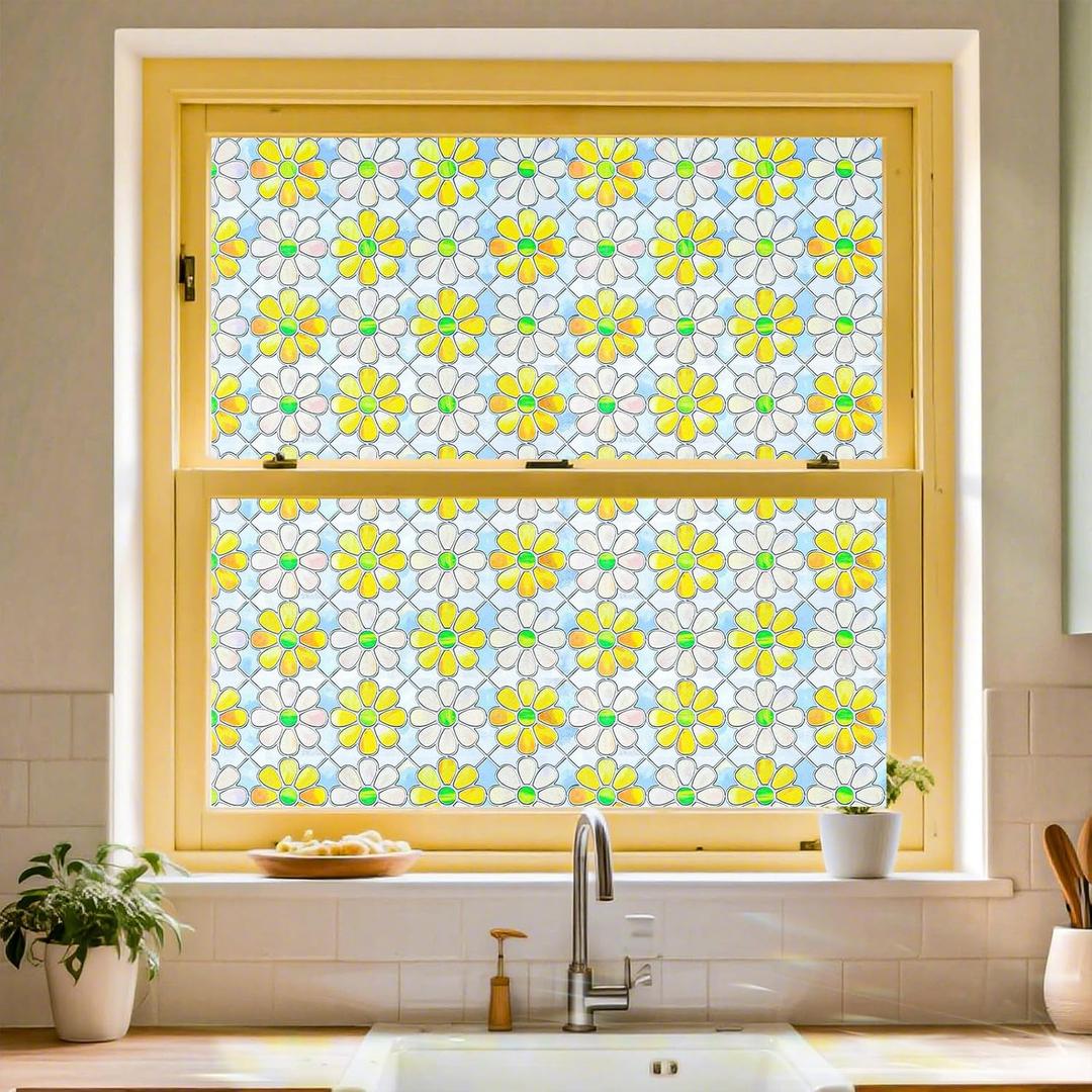 3D Stained Glass Window Film, Decorative Window Privacy Film for Bathroom,Front Door,Home, Sun Blocking Heat Control,Static Cling Blossom Splendor 23.6inch x 35.4inch