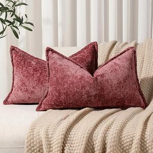 DEZENE Pack of 2 Christmas Burgundy Fall Decorative Throw Pillow Covers 12x20 Cozy Soft Chenille Accent Vintage Rectangular Lumbar Couch Pillow Covers for Home Decor Bed Sofa Living Room