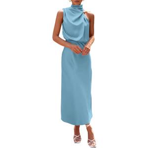 PRETTYGARDEN Women's 2025 Summer Satin Dress Elegant Sleeveless Mock Neck Cocktail Party Maxi Dresses (Medium, Light Blue)