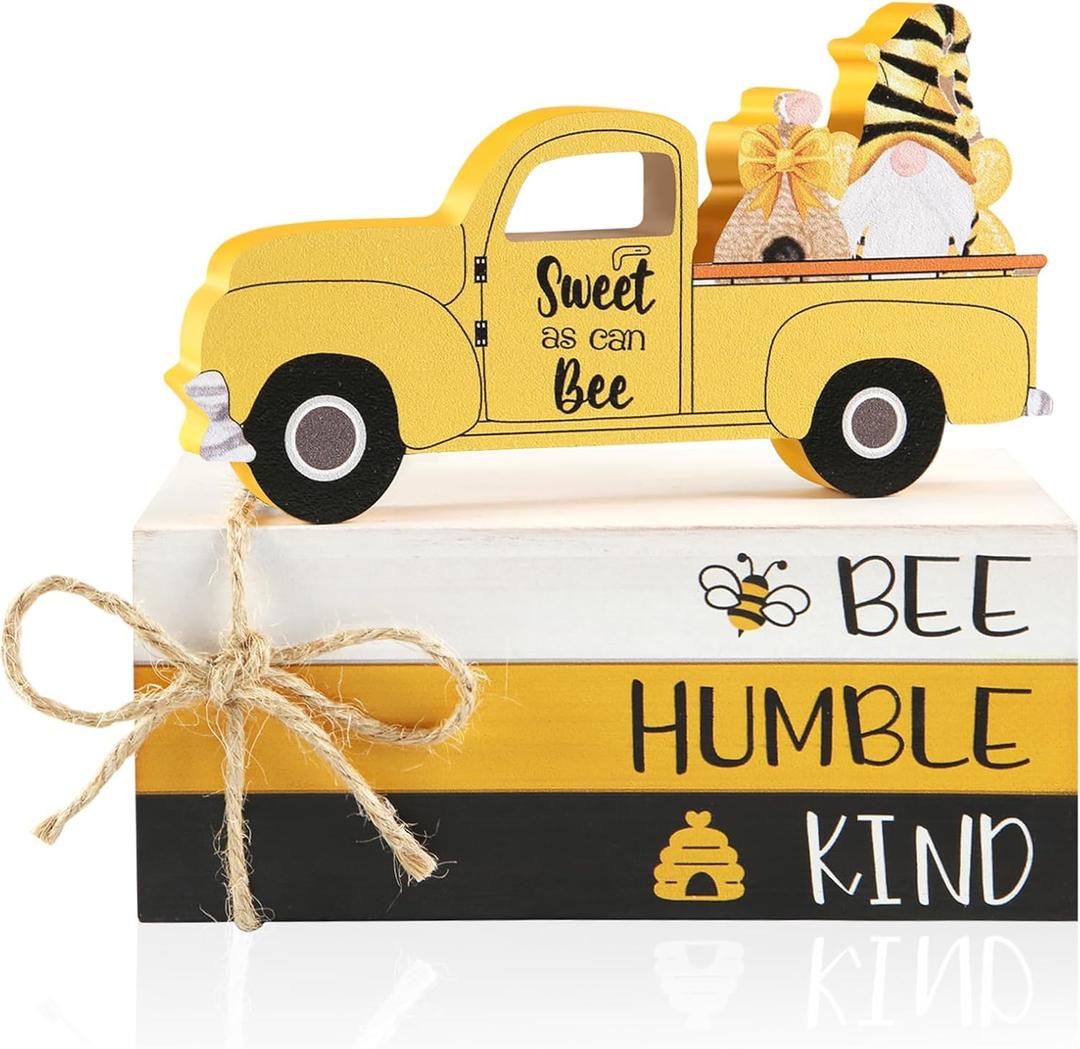 MARVONTEL Bee Decor Wooden Book Stack Bumble Bee Decor Bee Humble Kind Sign Honey Bee Tiered Tray Decor Truck with Gnome Summer Decor Rustic Farmhouse Bee Decorations for Home Kitchen Table Bookshelf