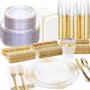 Nervure 350PCS Clear Gold Plastic Plates - Gold Plastic Dinnerware Sets for 50 Guests - 100 Disposable Plates, 150 Silverware, 50 Cups, 50 Napkins for Wedding & Party