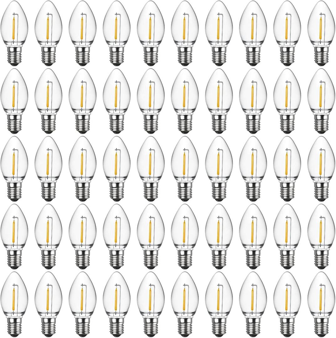 Meconard C7 Led Replacement Christmas Light Bulbs, C7 Shatterproof Led Bulbs for Christmas Outdoor String Lights, E12 Candelabra Base, Commercial Grade Holiday Bulbs, Warm White, 50 Pack