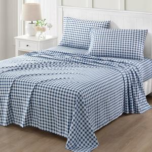 MARTHA STEWART Ultra Soft Brushed and Washed Microfiber 4 Piece Sheet Set, Easy Care, Comfy Bed Sheets with Deep Pocket, 1 Flat Sheet, 1 Fitted Sheet, 2 King Pillowcases, King Size, Navy Blue (Todd Checks Blue)