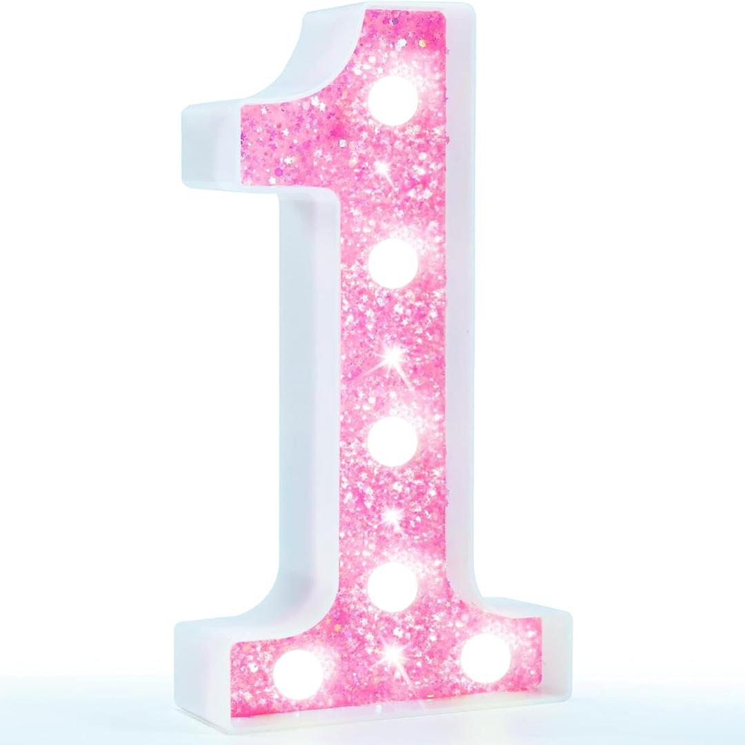 Pooqla Marquee Number Lights, Pink Light Up Numbers for Girls 1st 10th Birthday, Battery Powered Glitter Number Night Light Gift for Christmas Bedroom Dorm Party Decoration, Cool White Number 1