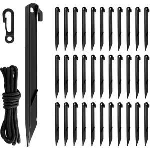 34 Set Plastic Tent Stakes, Ground Tent Pegs with Tethers & Hooks Replacement Yard Accessories for Camping Tents, Traps, Beach, Outdoor Garden and Holiday Inflatable Decorations