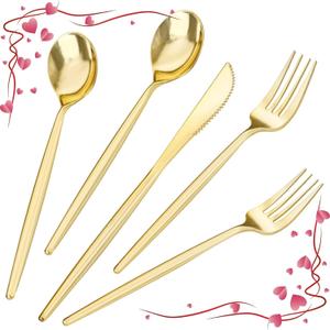 LIYH 360 Pcs Gold Plastic Silverware - Elegant Gold Silverware Disposable Utensils Set for Weddings, Parties & Events - Includes Forks, Spoons, Knives, Cutlery Tableware