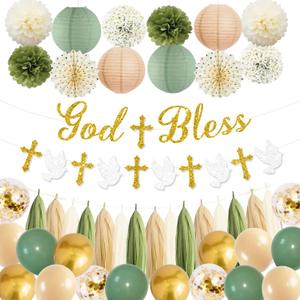 Sage Green and Gold Baptism Party Decorations - First Communion Decorations Boys Girls Christening Decor God Bless Banner Garland Tissue Paper Pom Poms and Balloons for Mi Bautizo Party Supplies