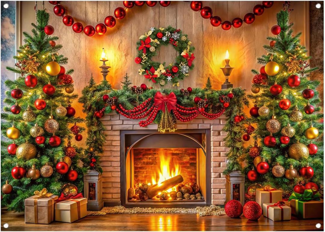 WOLADA Christmas Fireplace Fabric Backdrop Christmas Tree Wreath Fireplace Decoration Banner Photography Background 94.49x70.87 Inches FW133