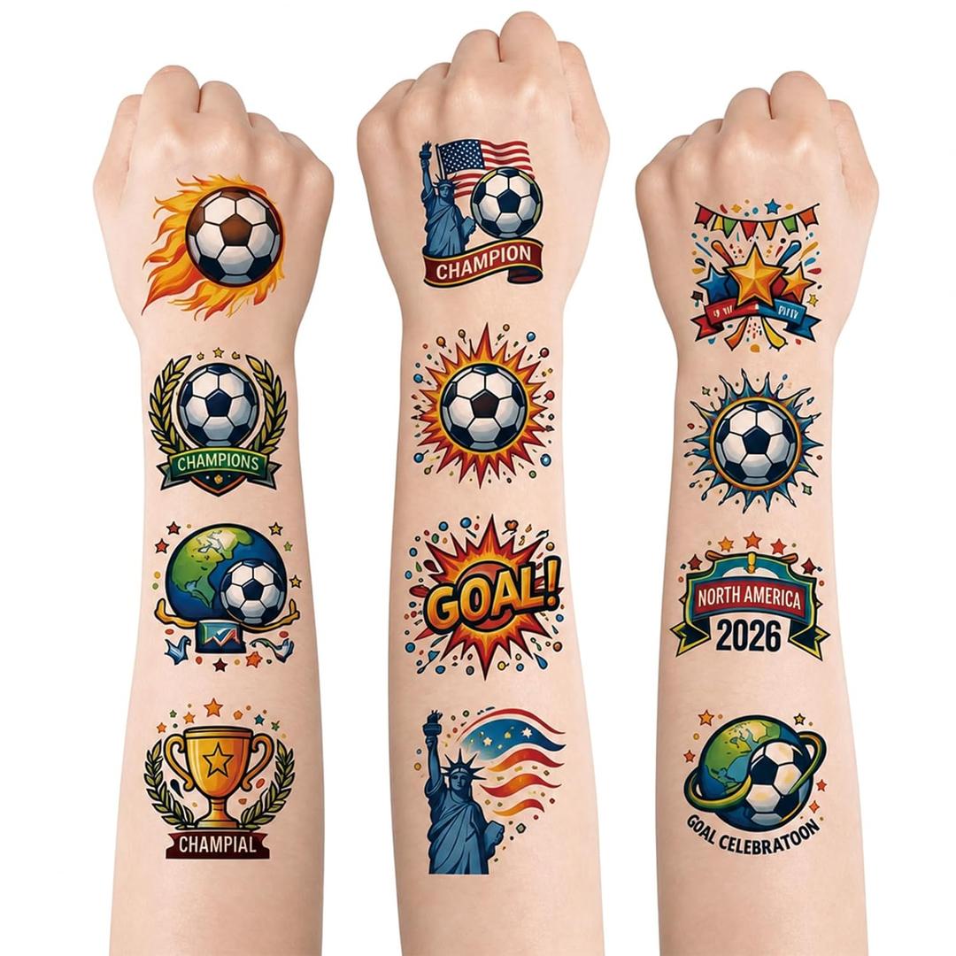 Soccer Temporary Tattoos Party Favors, Waterproof Football Tattoo Stickers for Birthday Decorations, Team Gifts, Sports Goodie Bags, Easy No-Mess Party Fun 202680PC)
