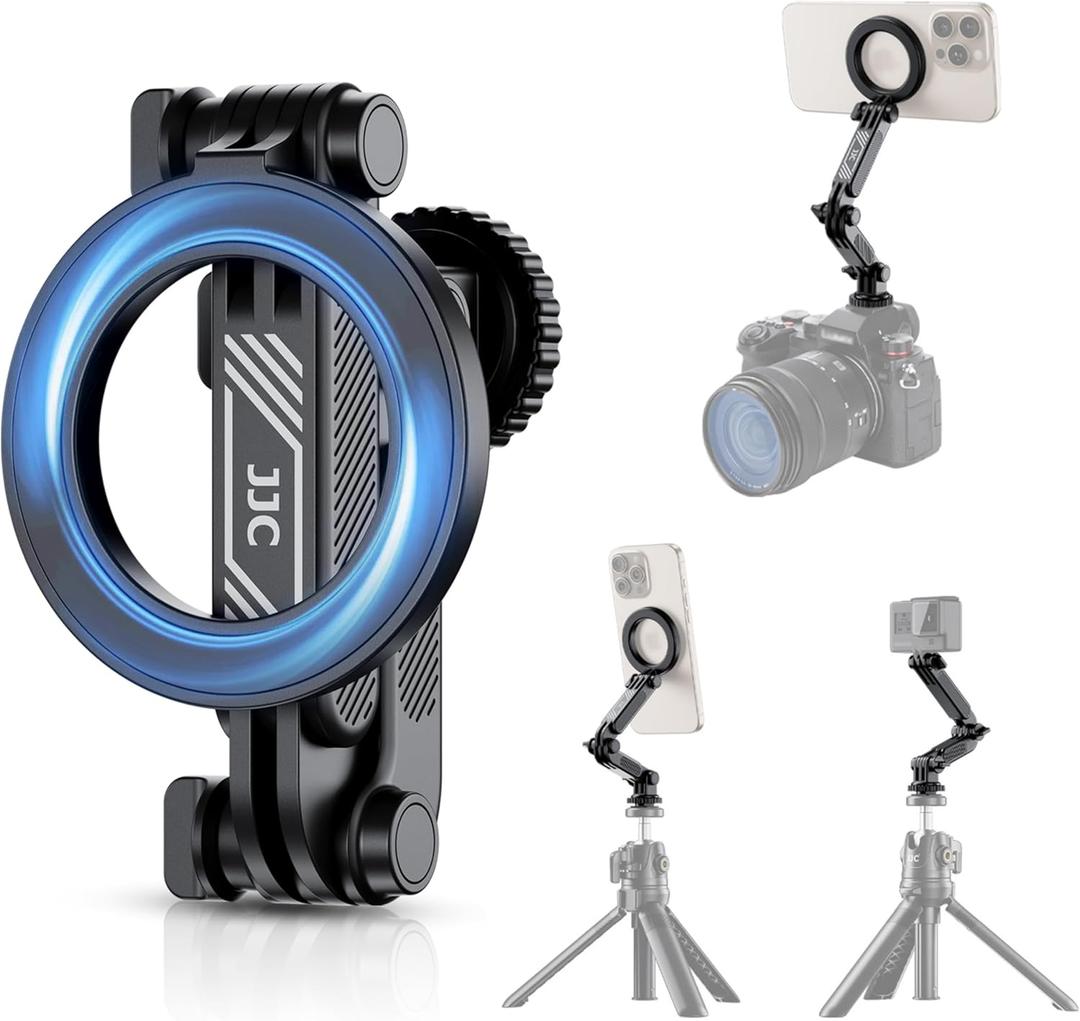 JJC Magnetic Phone Cold Shoe Mount for iPhone 17 16 15 14 13 & Action Camera, with 1/4" 20 Hole, Foldable Hot Shoe Phone Holder for Magsafe, for DJI OsmoAction 5 Pro 4 3, Hero 13 12 11, Insta360 Ace