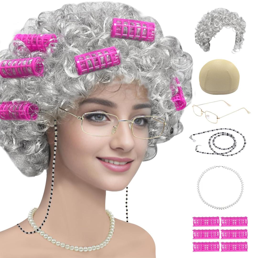 Cupohus Old Lady Costume Set Grandma Wig 100 Days of School Costume Madea Granny Glasses Eyeglass Chains Cords Faux Pearl Bead Necklace Old Lady Cosplay Set (Silver White Afro with Hair Rollers)