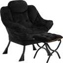 Lazy Chair with Folding Ottoman,Leisure Sofa Chair,Soft Fabric Armchair with Armrests and Side Pockets, Reading Chair with Footrest for Living Room, Bedroom, Office (Plush Black)