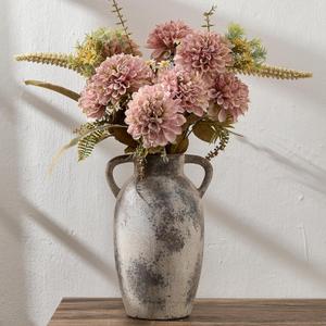 PORCER 9.84 Inch Ceramic Vase with Handles, Tuscan Decor Antique Terracotta Vase, Rustic Decorative Flower Vase for Home Decor, Farmhouse, Living Room, Table, Bedroom, Office, Entrance- Gray