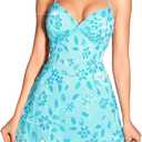 ShawGobow Beaded Sequin Dress,Backless Floral Mini Dresses for Women,Homecoming Cocktail Party Sparkly Outfits, X-Large, Light Blue