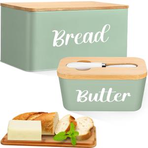 Hushee Metal Bread Box and Butter Dish with Bamboo Cutting Board Lid and Knife Bread Storage Container Breadbox for Kitchen Counter Butter Organizer for Kitchen Countertop Decoration(Sage Green)