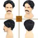 PUREHAIR Short Black Wavy Hair Wig with Mustache for Gothic Family Halloween Costume Funny Cosplay (Adults)