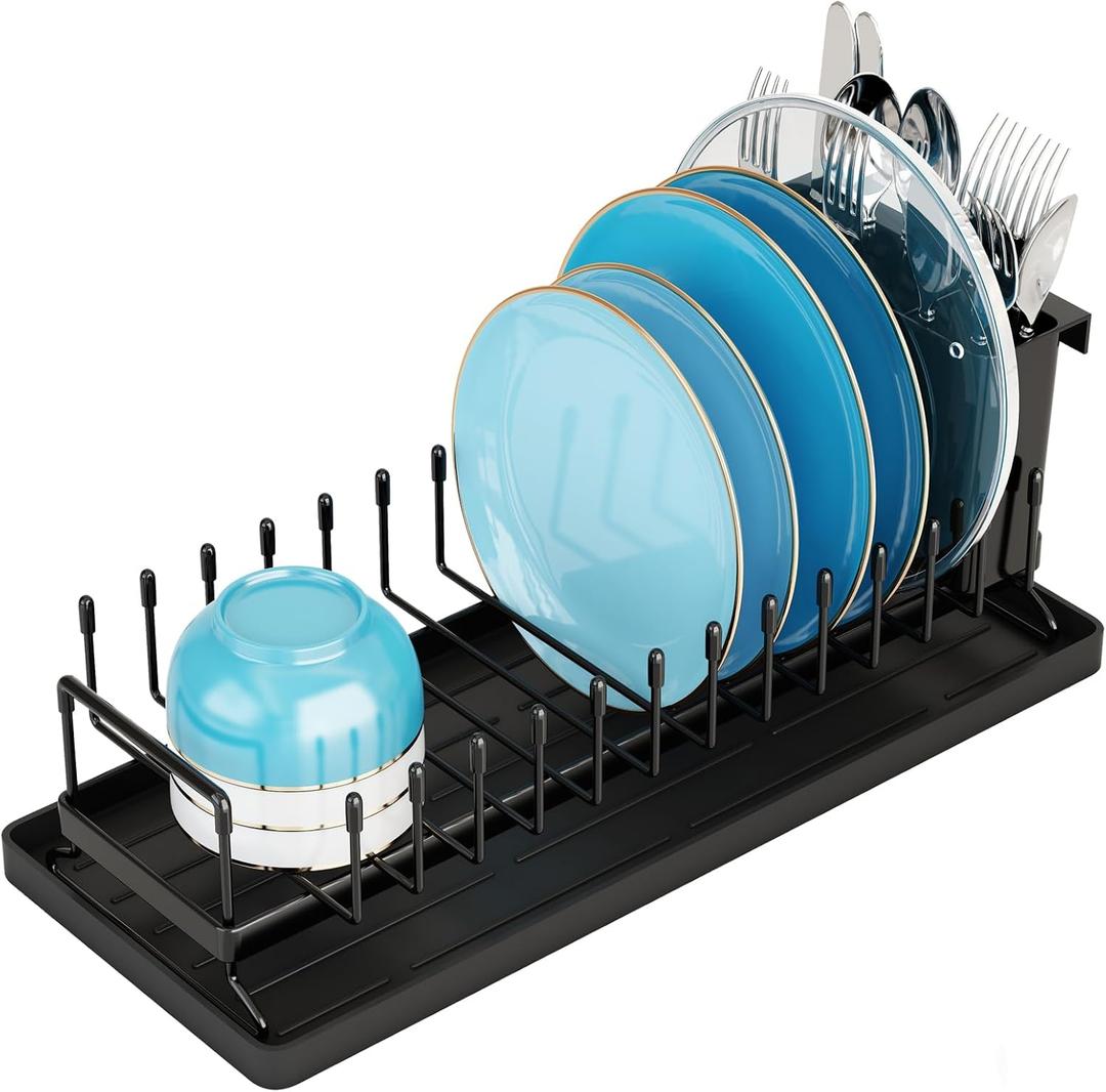 ANTOPY Small Dish Drying Rack - Compact Dish Rack for Kitchen Counter with Silicone Dish Drying Mat, Stainless Steel Dish Drainer for Kitchen Sink Cabinet, Space Saving Plate Rack Cutlery Holder (15.4 Inch)