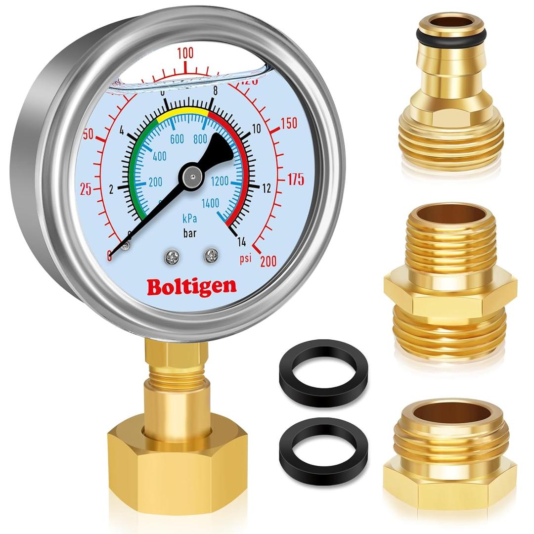 Water Pressure Gauge, 0-200 Psi Pressure Gauge Filled with Oil, 3/4" GHT Female Thread Water Pressure Test Gauge with 3 Adapters,for Home, Industrial, Garden Multiple Locations Pressure Test