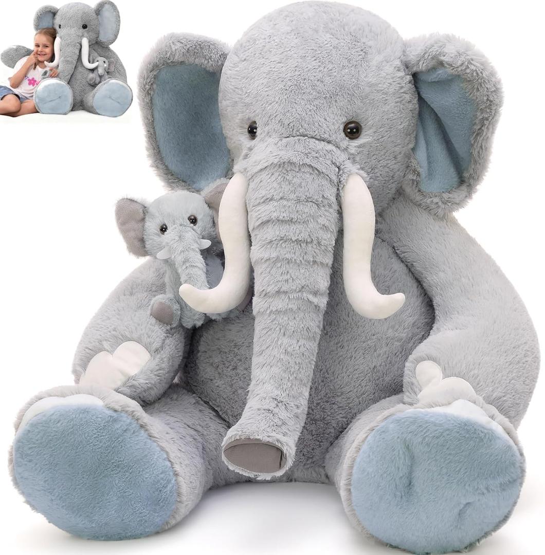 MorisMos Giant Elephant Stuffed Animals,39" Big Mama and Baby Stuffed Elephant Plush Toys for Kid Girl Boy Adult,3ft Large Woodland Stuffed Animals Gift for Birthday Baby Shower Decor Christmas