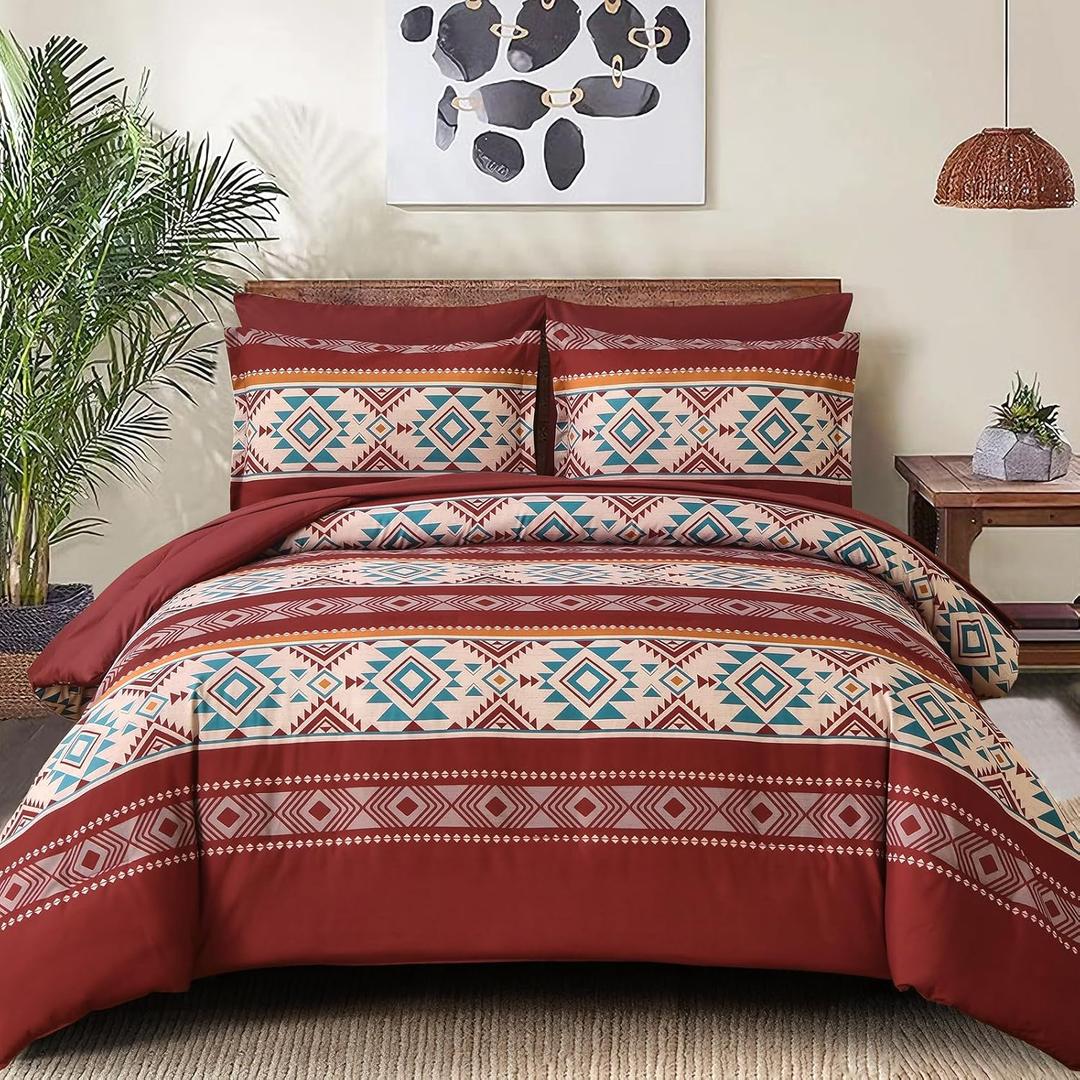 Anibedding Red Comforter Set Queen 7 Pieces Boho Bed in a Bag, Burgundy Aztec Striped Comforter Set with Sheets, Soft Microfiber Reversible Western Bedding Set for All Season