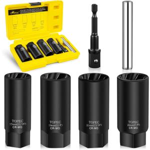 Topec 6PCS Deep Lug Nut Removal Tool, 1/2" Drive Lug Nut Extractor Set, 17,19,21,22MM Wheel Lock Removal Kit, Spark Plug Extractor Socket Set for Stripped, Rounded, Damaged Bolts & Studs