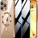 Magnetic Case for iPhone 15 Pro Max with 2 Privacy Screen Protector & Camera Cover [Compatible with MagSafe],Non-Yellowing Plating Glossy Shockproof Phone Case for iPhone 15 ProMax,Gold